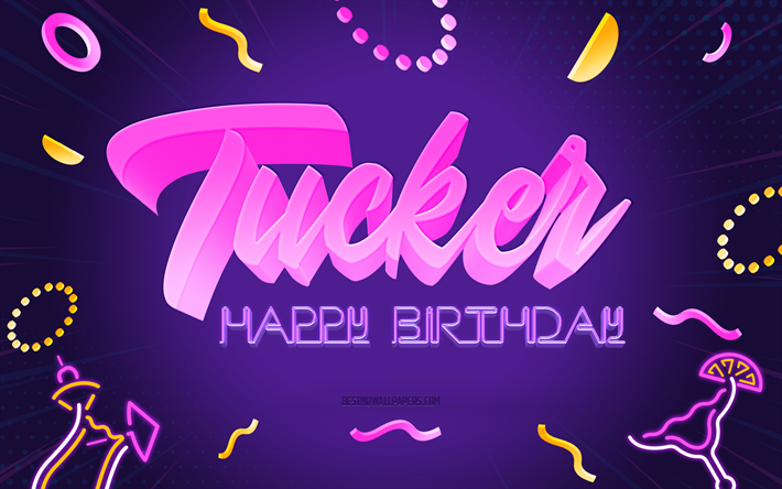 お誕生日おめでとうタッカー, 4k, 紫のパーティーの背景, タッカー, クリエイティブアート, タッカーの誕生日おめでとう, タッカー名, タッカーの誕生日, 誕生日パーティーの背景