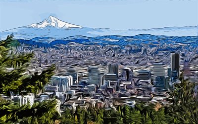 Portland, 4k, vector art, Portland drawing, creative art, Portland art, vector drawing, Portland cityscape, Portland panorama, Portland skyline, Oregon, USA