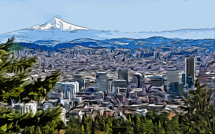 Portland, 4k, vector art, Portland drawing, creative art, Portland art, vector drawing, Portland cityscape, Portland panorama, Portland skyline, Oregon, USA