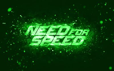 need for speed ​​logo verde, 4k, nfs, luci al neon verdi, creativo, sfondo verde astratto, logo need for speed, logo nfs, need for speed
