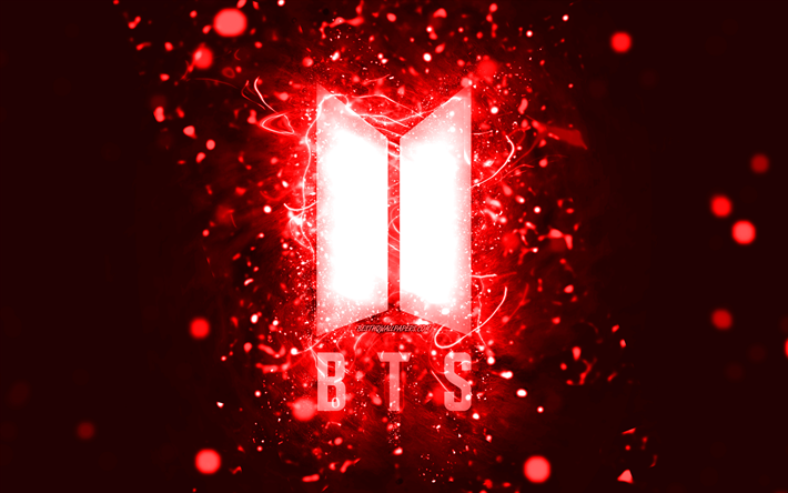 BTS red logo, 4k, red neon lights, creative, red abstract background, Bangtan Boys, BTS logo, music stars, BTS, Bangtan Boys logo