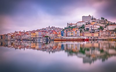 fleuve douro, porto, soir&#233;e, coucher de soleil, panorama de porto, paysage urbain de porto, partie historique de porto, portugal