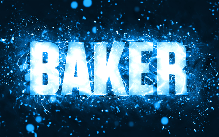 feliz anivers&#225;rio baker, 4k, luzes de neon azuis, baker nome, criativo, baker feliz anivers&#225;rio, baker anivers&#225;rio, nomes masculinos americanos populares, imagem com baker nome, baker