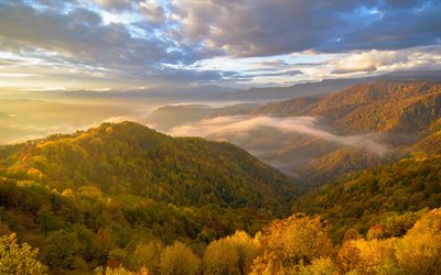 beautiful valley, evening, sunset, forest, valley, clouds, mountains
