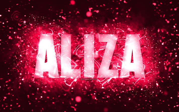 Happy Birthday Aliza, 4k, pink neon lights, Aliza name, creative, Aliza Happy Birthday, Aliza Birthday, popular american female names, picture with Aliza name, Aliza