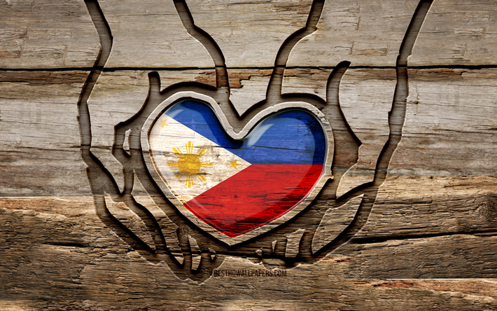 I love Philippines, 4K, wooden carving hands, Day of Philippines, Philippines flag, Flag of Philippines, Take care Philippines, creative, Philippines flag in hand, wood carving, Asian countries, Philippines