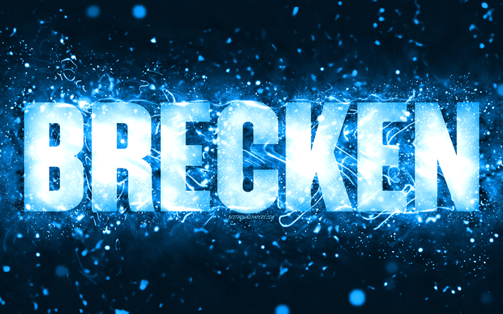 feliz anivers&#225;rio brecken, 4k, luzes de neon azuis, brecken nome, criativo, brecken feliz anivers&#225;rio, brecken anivers&#225;rio, nomes masculinos americanos populares, imagem com nome brecken, brecken