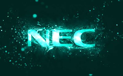 NEC turquoise logo, 4k, turquoise neon lights, creative, turquoise abstract background, NEC logo, brands, NEC
