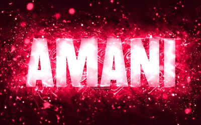 Happy Birthday Amani, 4k, pink neon lights, Amani name, creative, Amani Happy Birthday, Amani Birthday, popular american female names, picture with Amani name, Amani