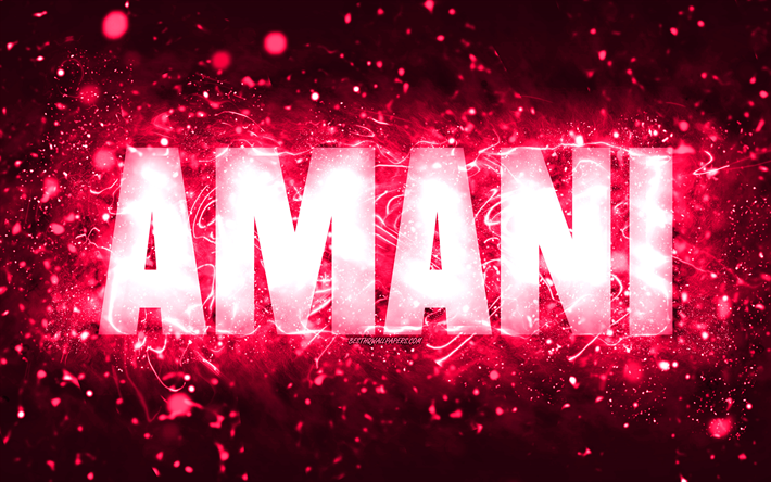 alles gute zum geburtstag amani, 4k, rosa neonlichter, name amani, kreativ, geburtstag amani, beliebte amerikanische frauennamen, bild mit namen amani, amani