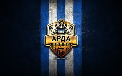 Arda Kardzhali FC, golden logo, Parva liga, blue metal background, football, bulgarian football club, FC Arda Kardzhali logo, soccer, FC Arda Kardzhali