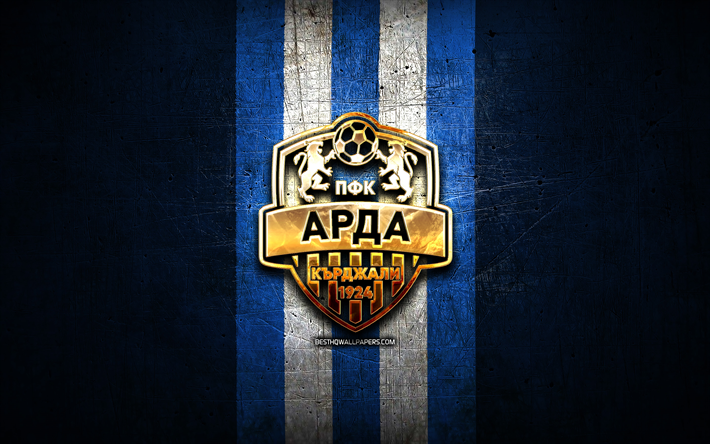 アルダカルジャリfc, 金色のロゴ, パルバリガ, 青い金属の背景, フットボール, ブルガリアのサッカークラブ, fcアルダカルジャリのロゴ, サッカー, fcアルダカルジャリ