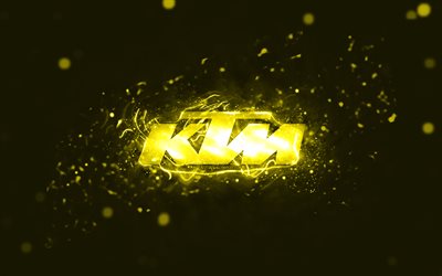 KTM yellow logo, 4k, yellow neon lights, creative, yellow abstract background, KTM logo, brands, KTM