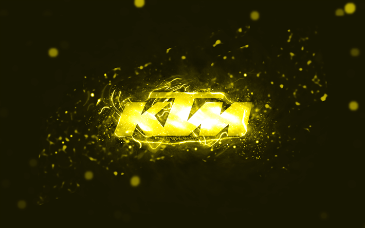 gelbes ktm-logo, 4k, gelbe neonlichter, kreativer, gelber abstrakter hintergrund, ktm-logo, marken, ktm
