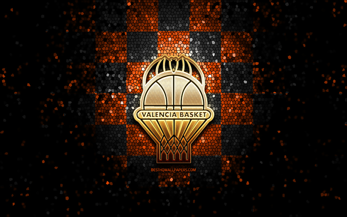 valencia bc, glitter logotipo, acb, laranja preto fundo quadriculado, time de basquete espanhol, valencia basket club logotipo, arte em mosaico, basquete, valencia basket club