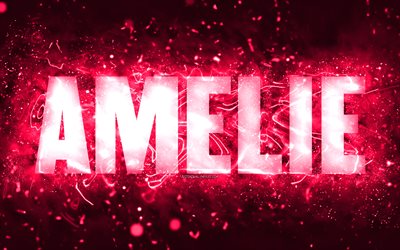 Happy Birthday Amelie, 4k, pink neon lights, Amelie name, creative, Amelie Happy Birthday, Amelie Birthday, popular american female names, picture with Amelie name, Amelie