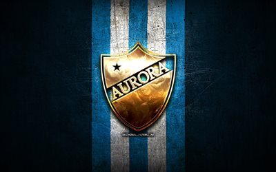 Deportivo Aurora FC, golden logo, Bolivian Primera Division, blue metal background, football, Venezuelan football club, Club Deportivo Aurora logo, soccer, Venezuelan Primera Division, Club Deportivo Aurora