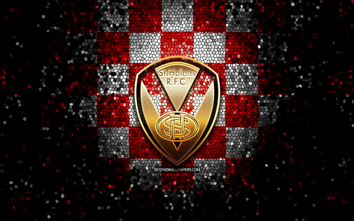 St Helens FC, glitter logo, SLE, red white checkered background, rugby, english rugby club, St Helens FC logo, mosaic art