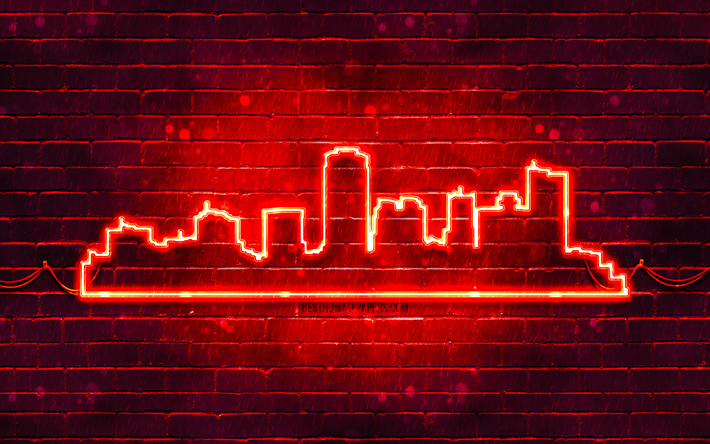 فينيكس صورة ظلية النيون الأحمر, 4k, أضواء النيون الحمراء, أفق فينيكس خيال, الطوب الأحمر, المدن الأمريكية, صورة ظلية أفق النيون, الولايات المتحدة الأمريكية, صورة ظلية فينيكس, فينيكس