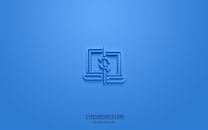 sincronizzazione icona 3d, sfondo blu, simboli 3d, sincronizzazione, icone seo, icone 3d, segno di sincronizzazione, icone seo 3d