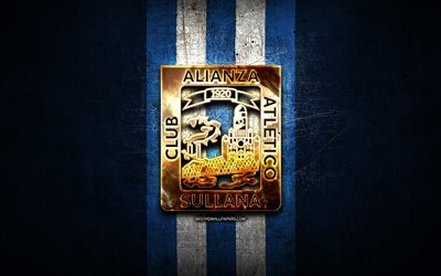 Alianza Atletico FC, golden logo, Liga 1 Apertura, blue metal background, football, peruvian football club, Alianza Atletico logo, soccer, Club Alianza Atletico Sullana
