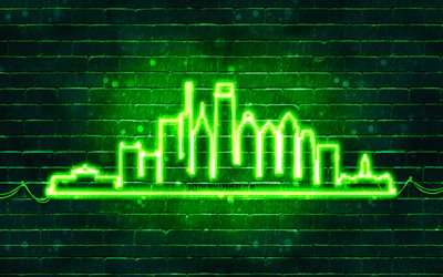 Philadelphia green neon silhouette, 4k, green neon lights, Philadelphia skyline silhouette, green brickwall, american cities, neon skyline silhouettes, USA, Philadelphia silhouette, Philadelphia