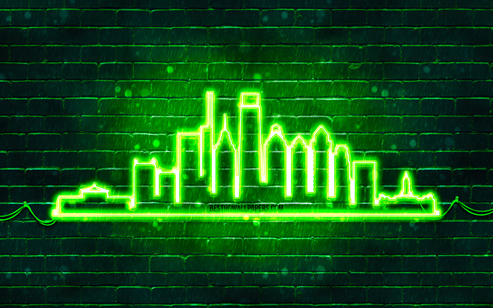 philadelphia yeşil neon siluet, 4k, yeşil neon ışıkları, philadelphia silueti siluet, yeşil brickwall, amerikan şehirleri, neon siluet siluetleri, abd, philadelphia siluet, philadelphia