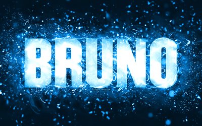 Happy Birthday Bruno, 4k, blue neon lights, Bruno name, creative, Bruno Happy Birthday, Bruno Birthday, popular american male names, picture with Bruno name, Bruno
