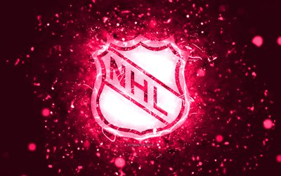 nhl vaaleanpunainen logo, 4k, vaaleanpunaiset neonvalot, national hockey league, vaaleanpunainen abstrakti tausta, nhl-logo, automerkit, nhl