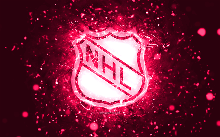 logo nhl rosa, 4k, luci al neon rosa, national hockey league, sfondo astratto rosa, logo nhl, marche di automobili, nhl