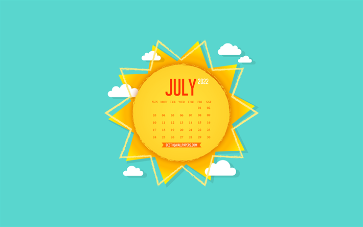 calendario de julio de 2022, 4k, sol creativo, arte de papel, fondo con el sol, julio, cielo azul, calendarios de verano de 2022