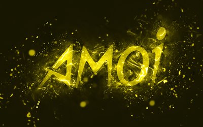 amoi gelbes logo, 4k, gelbe neonlichter, kreativer, gelber abstrakter hintergrund, amoi-logo, marken, amoi