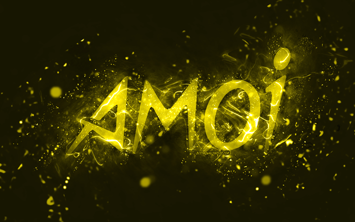 Amoi yellow logo, 4k, yellow neon lights, creative, yellow abstract background, Amoi logo, brands, Amoi