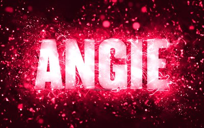buon compleanno angie, 4k, luci al neon rosa, nome angie, creativo, angie buon compleanno, compleanno angie, nomi femminili americani popolari, foto con nome angie, angie