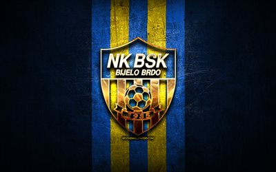 BSK Bijelo Brdo FC, golden logo, HNL, blue metal background, football, croatian football club, NK BSK Bijelo Brdo logo, soccer, NK BSK Bijelo Brdo
