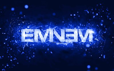 Eminem dark blue logo, 4k, american rapper, dark blue neon lights, creative, dark blue abstract background, Marshall Bruce Mathers III, Eminem logo, music stars, Eminem