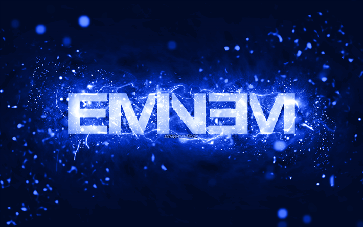 エミネムダークブルーのロゴ, 4k, アメリカのラッパー, ダークブルーのネオンライト, クリエイティブ, 濃い青の抽象的な背景, マーシャルブルースマザーズiii, エミネムのロゴ, 音楽スター, エミネム