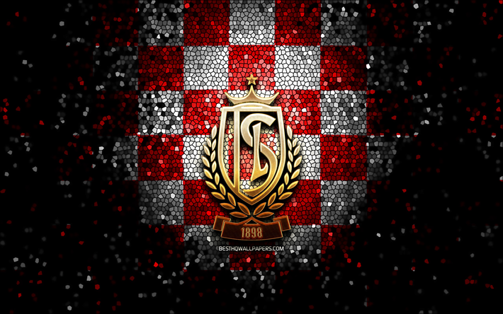 royal standard liege, glitter logotipo, jupiler pro league, preto branco de fundo quadriculado, futebol, belga clube de futebol, standard liege logotipo, arte em mosaico, standard liege fc