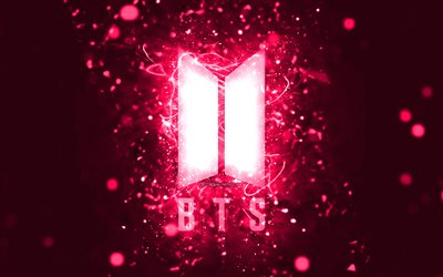BTS pink logo, 4k, pink neon lights, creative, pink abstract background, Bangtan Boys, BTS logo, music stars, BTS, Bangtan Boys logo