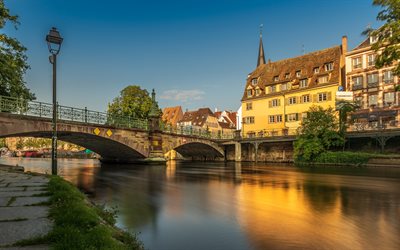 Ill River, Strasbourg, morning, sunrise, stone bridge, Strasbourg cityscape, France