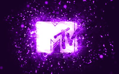 MTV violet logo, 4k, violet neon lights, creative, violet abstract background, Music Television, MTV logo, brands, MTV