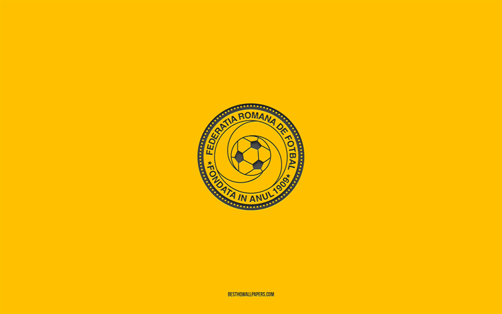 romanian jalkapallomaajoukkue, keltainen tausta, jalkapallojoukkue, tunnus, uefa, romania, jalkapallo, romanian jalkapallomaajoukkueen logo, eurooppa