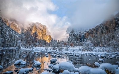 Yosemite National Park, winter, valley, mountains, fog, California, America, USA, beautiful nature, american landmarks