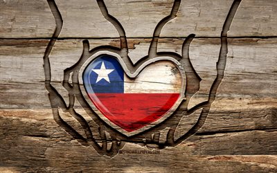 I love Chile, 4K, wooden carving hands, Day of Chile, Chilean flag, Flag of Chile, Take care Chile, creative, Chile flag, Chile flag in hand, wood carving, South American countries, Chile