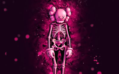 scheletro kaws rosa, 4k, luci al neon viola, fortnite battle royale, personaggi fortnite, skin scheletro kaws rosa, fortnite, scheletro kaws rosa fortnite