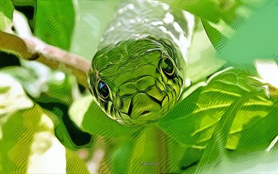 serpiente verde, 4k, arte vectorial, dibujo de serpiente verde, arte creativo, arte de serpiente verde, dibujo vectorial, reptiles, dibujos de serpientes