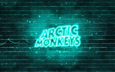 logo turchese arctic monkeys, 4k, gruppo rock britannico, stelle della musica, muro di mattoni turchese, logo arctic monkeys, logo neon arctic monkeys, arctic monkeys