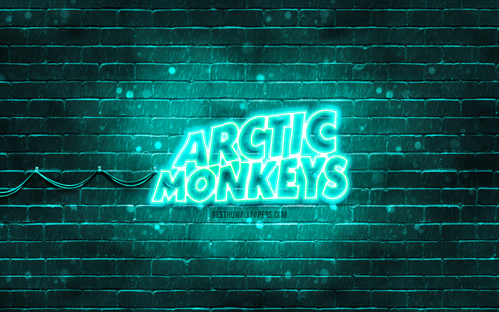 arctic monkeys turkoosi logo, 4k, brittil&#228;inen rockb&#228;ndi, musiikkit&#228;hdet, turkoosi tiilisein&#228;, arctic monkeys logo, arctic monkeys neonlogo, arctic monkeys