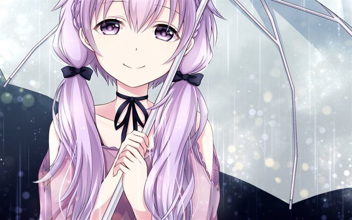 Yuzuki, un parapluie, une des filles d&#39;anime, des cheveux roses, Vocaloid
