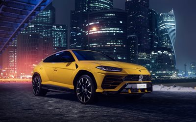 4k, Lamborghini Urus, nightscape, 2018 cars, yellow Urus, SUVs, Lamborghini